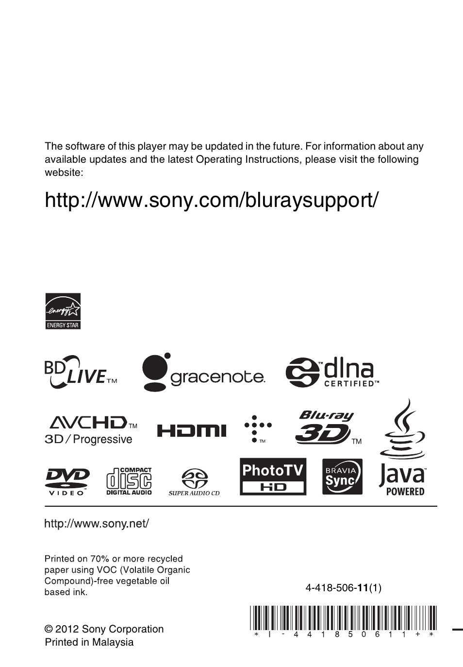 Sony BDP-S790 User Manual | Page 52 / 52