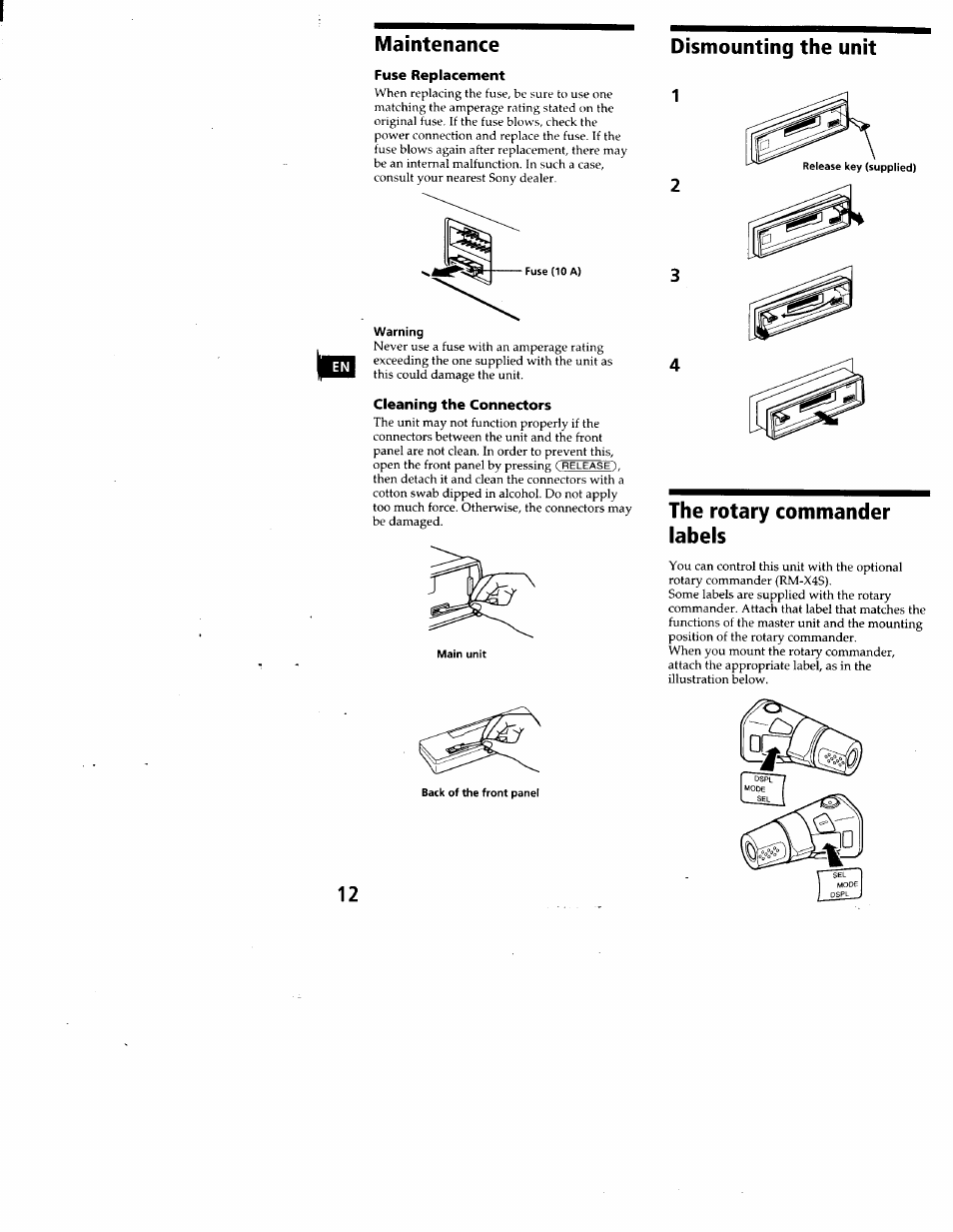 Dismounting the unit, Warning, The rotary commander labels | Dismounting the unit the rotary commander labels, Maintenance dismounting the unit | Sony FM/AM CASSETTE CAR STEREO XR-C5100 User Manual | Page 12 / 17