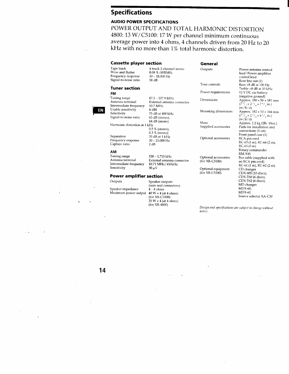 Specifications | Sony FM/AM CASSETTE CAR STEREO XR-C5100 User Manual | Page 14 / 17