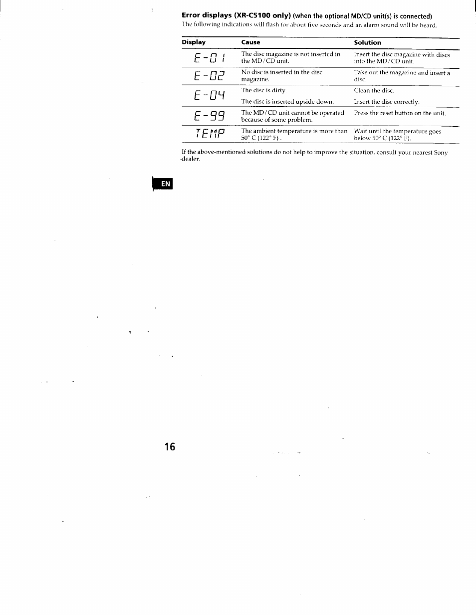 E - 0 i, E - o e, E - 0 | E - 3 s, T e n p | Sony FM/AM CASSETTE CAR STEREO XR-C5100 User Manual | Page 16 / 17