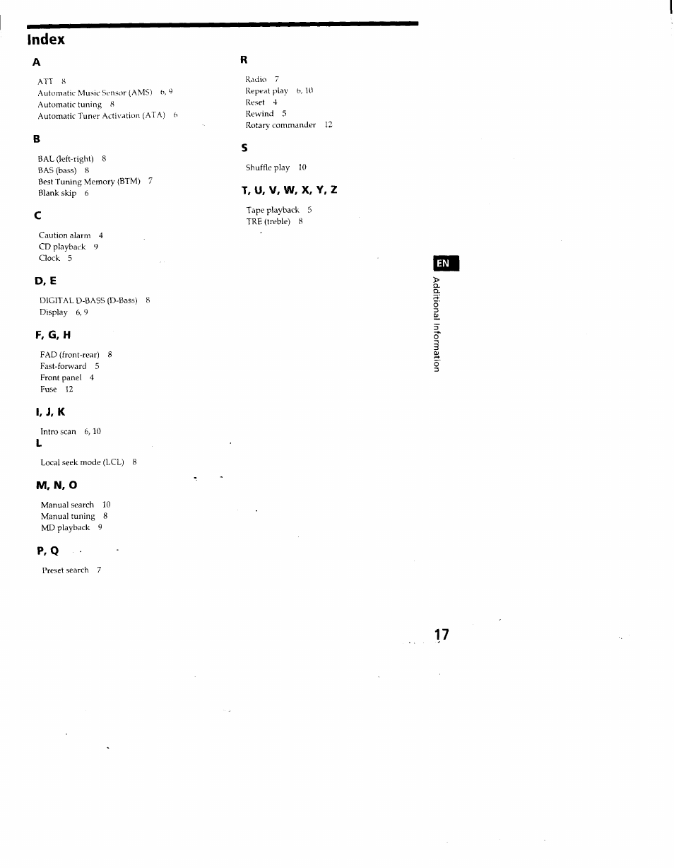 Index | Sony FM/AM CASSETTE CAR STEREO XR-C5100 User Manual | Page 17 / 17