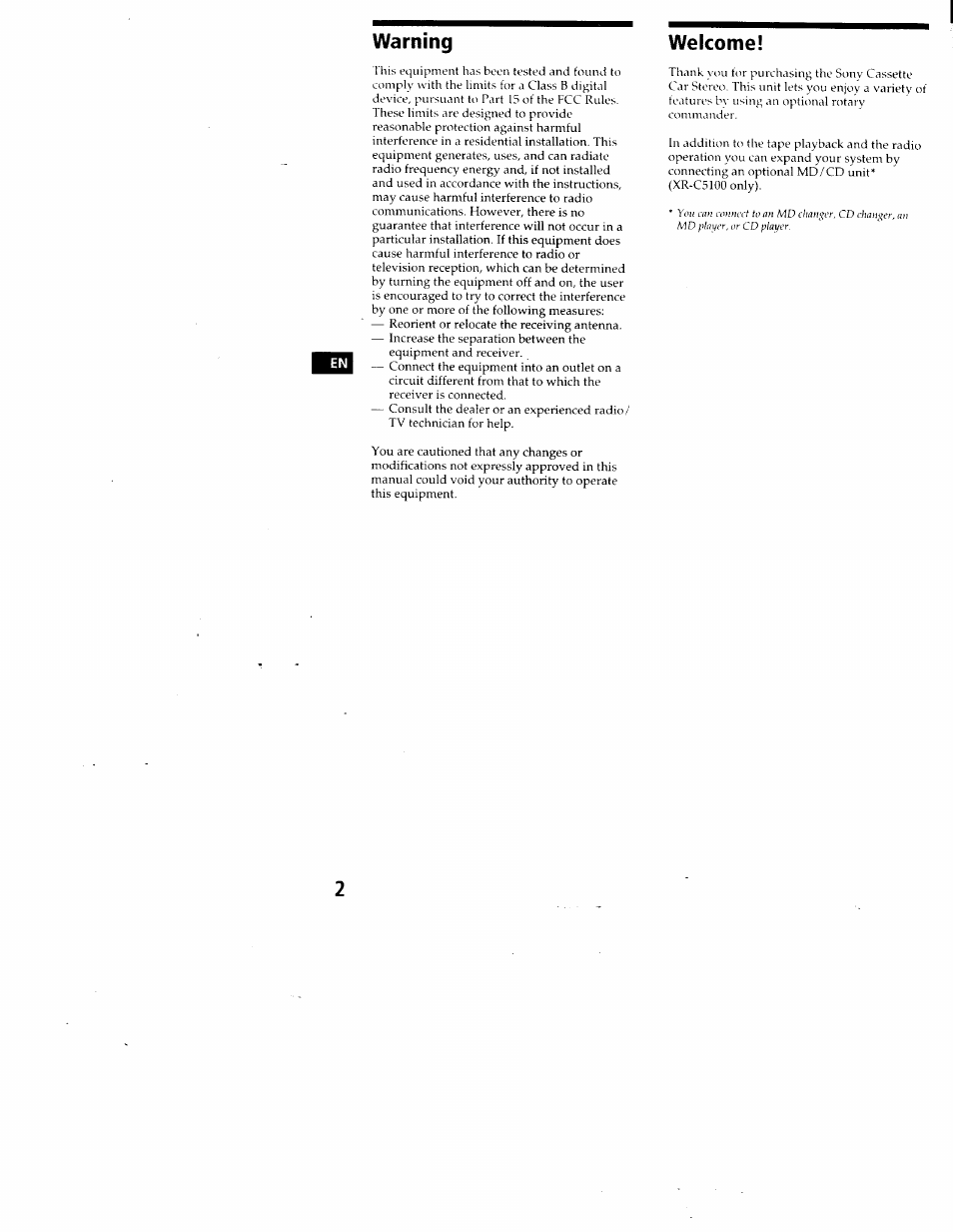 Warning welcome | Sony FM/AM CASSETTE CAR STEREO XR-C5100 User Manual | Page 2 / 17