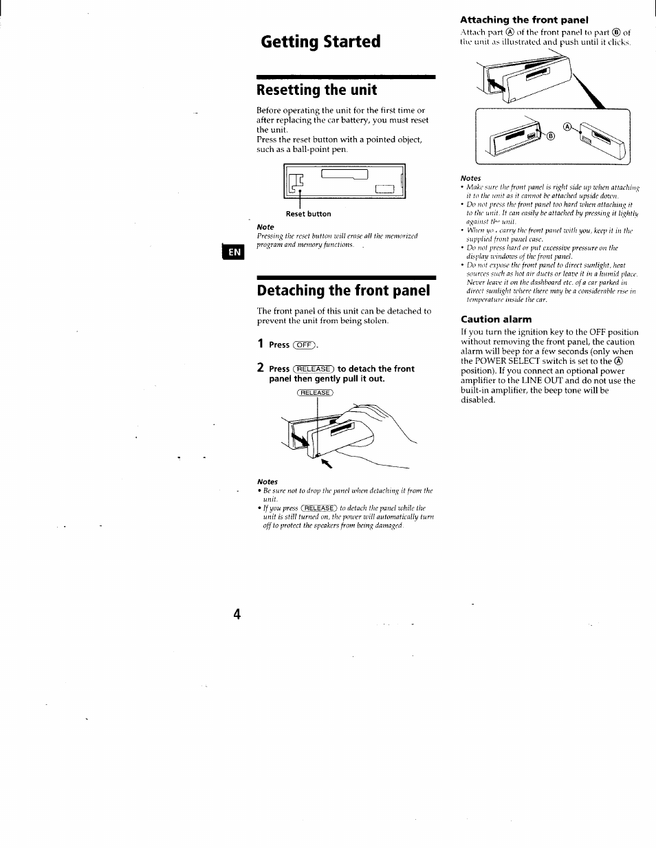 Resetting the unit, Detaching the front panel, Resetting the unit detaching the front panel | Getting started, Attaching the front panel, Caution alarm | Sony FM/AM CASSETTE CAR STEREO XR-C5100 User Manual | Page 4 / 17
