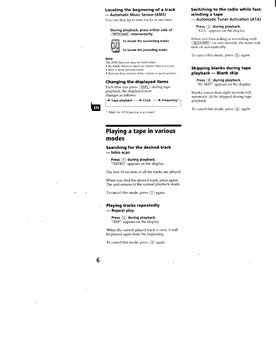 Playing a tape in various modes | Sony FM/AM CASSETTE CAR STEREO XR-C5100 User Manual | Page 6 / 17