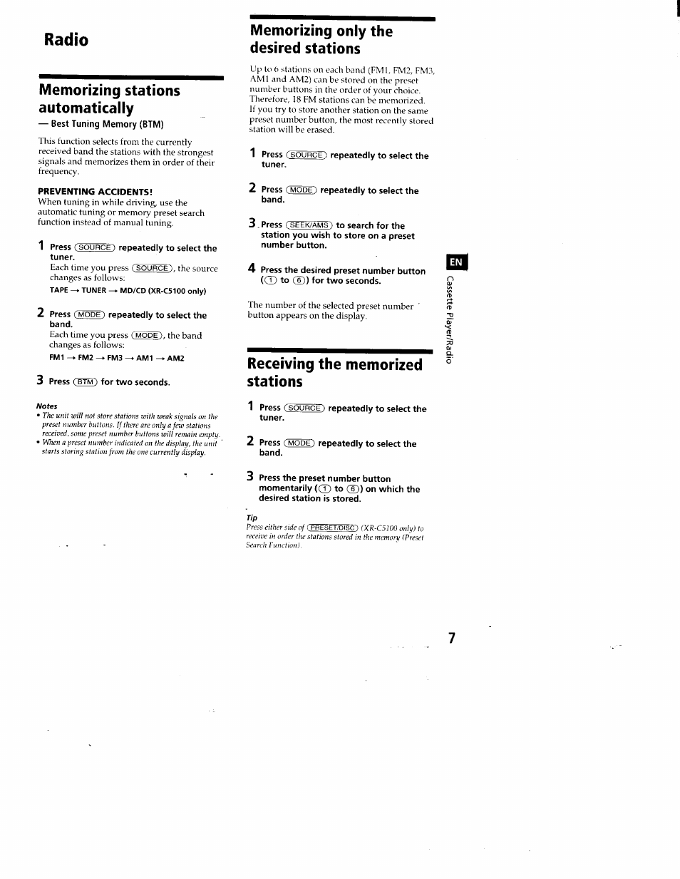 Memorizing stations automatically, Best tuning memory (btm), Memorizing only the desired stations | Receiving the memorized stations, Radio | Sony FM/AM CASSETTE CAR STEREO XR-C5100 User Manual | Page 7 / 17