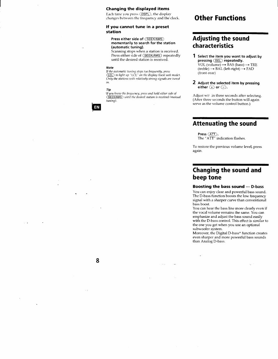 Adjusting the sound characteristics, Attenuating the sound, Changing the sound and beep tone | Other functions | Sony FM/AM CASSETTE CAR STEREO XR-C5100 User Manual | Page 8 / 17