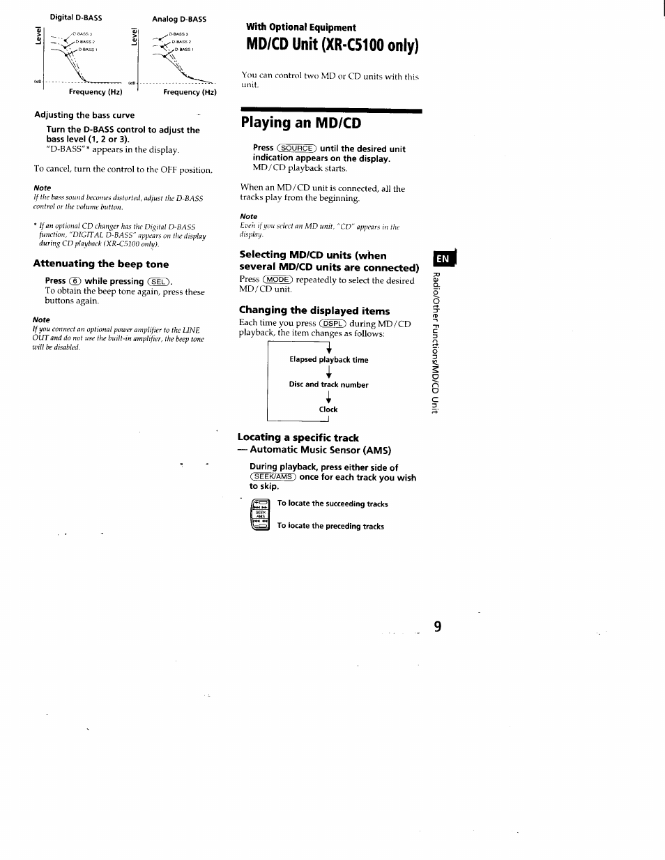 Adjusting the bass curve, Playing an md/cd, Automatic music sensor (ams) | Md/cd unit (xr-c5100 only), Attenuating the beep tone, Changing the displayed items, Locating a specific track | Sony FM/AM CASSETTE CAR STEREO XR-C5100 User Manual | Page 9 / 17