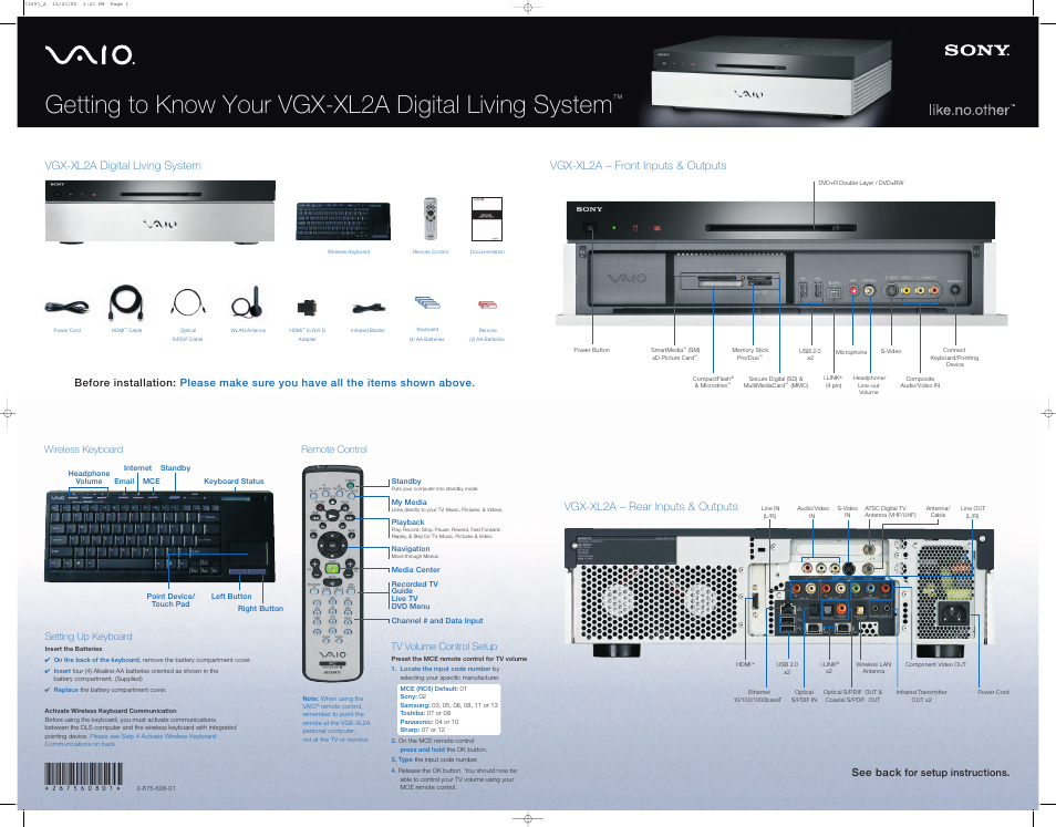 Sony VGX-XL2A User Manual | 2 pages