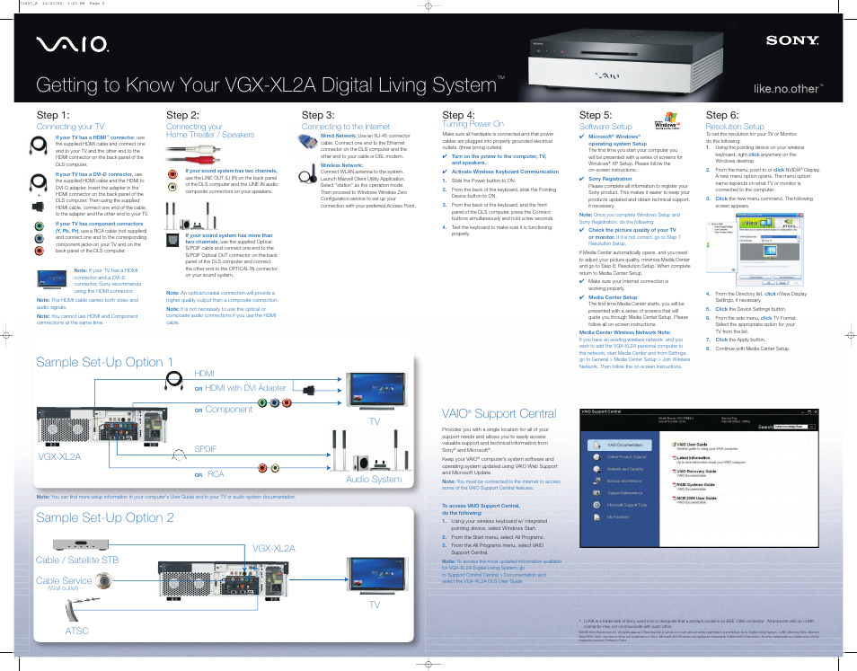 Sample set-up option 1 sample set-up option 2, Vaio, Support central | Step 6, Step 3, Step 1, Step 2, Step 5, Step 4, Vgx-xl2a | Sony VGX-XL2A User Manual | Page 2 / 2