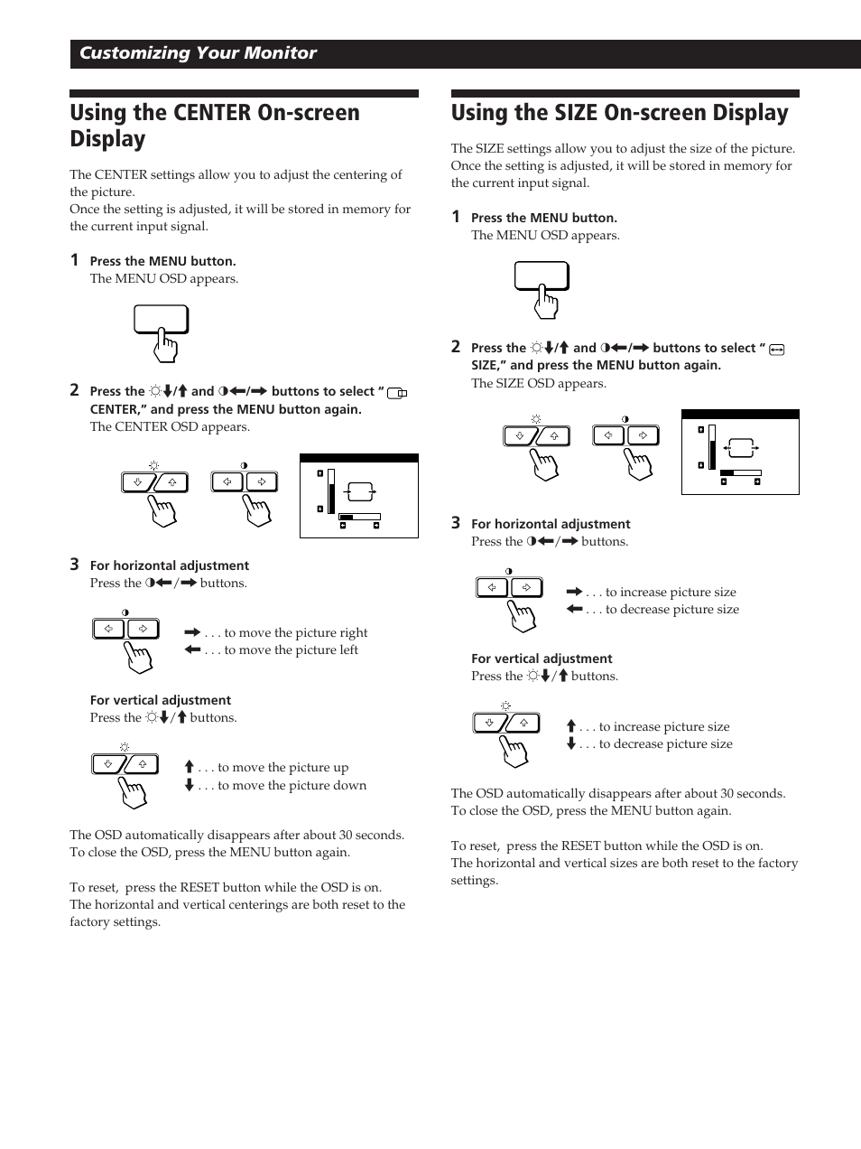 Using the center on-screen display, Using the size on-screen display, Customizing your monitor | Sony GDM-20OPS User Manual | Page 10 / 63