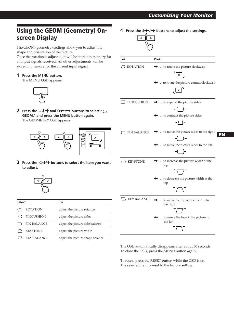 Using the geom (geometry) on- screen display, Customizing your monitor | Sony GDM-20OPS User Manual | Page 11 / 63