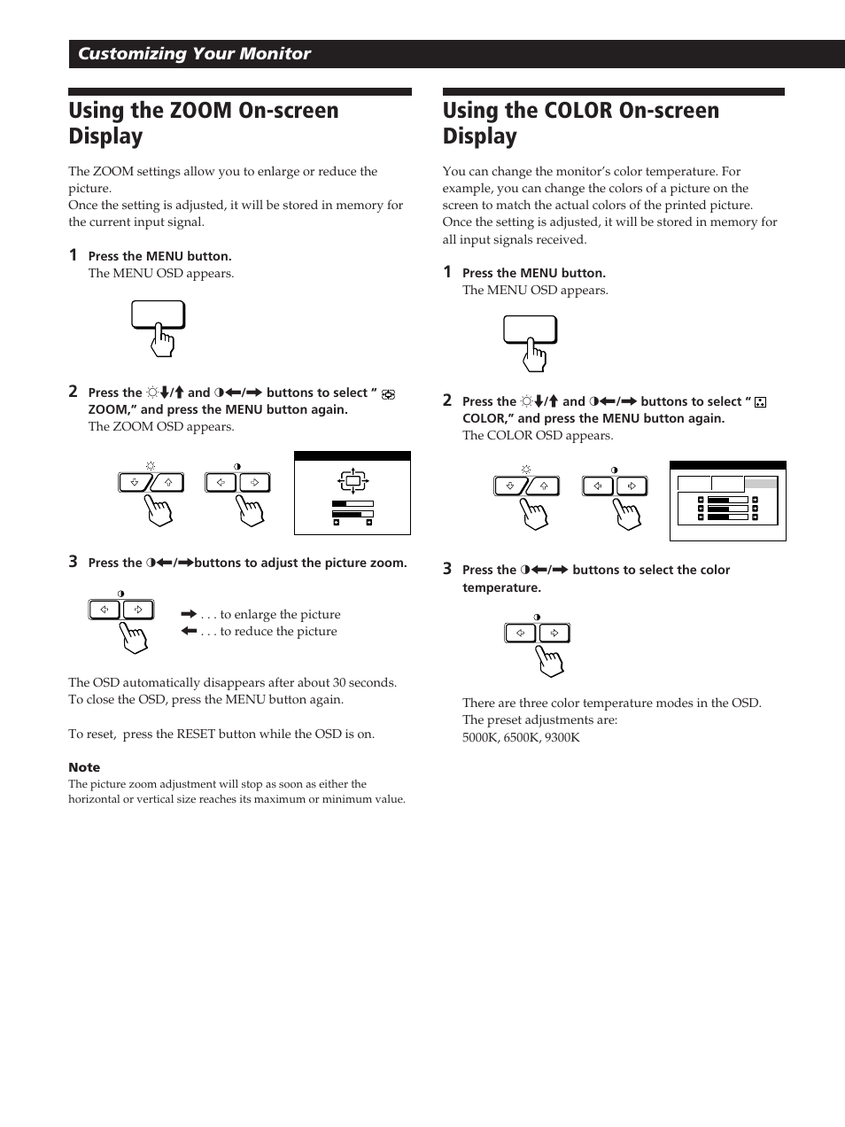Using the zoom on-screen display, Using the color on-screen display, Customizing your monitor | Sony GDM-20OPS User Manual | Page 12 / 63