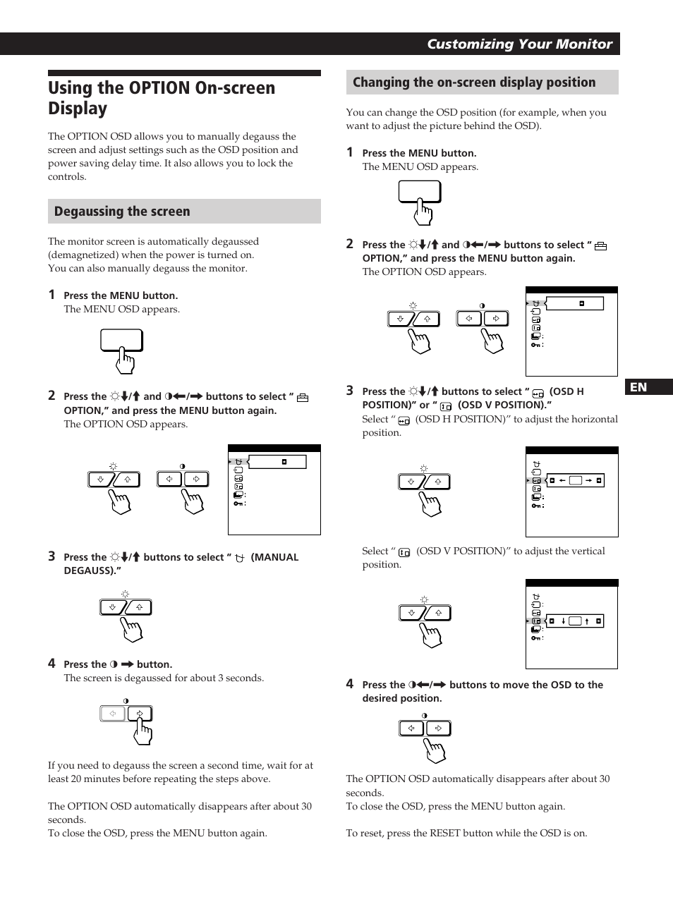 Using the option on-screen display, Getting started customizing your monitor, Degaussing the screen | Changing the on-screen display position | Sony GDM-20OPS User Manual | Page 15 / 63