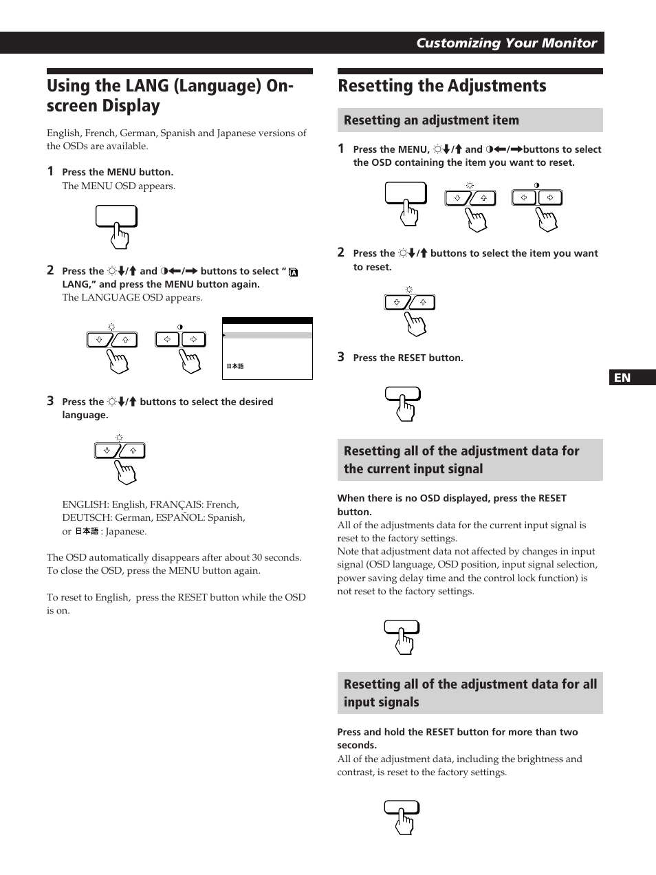 Using the lang (language) on- screen display, Resetting the adjustments | Sony GDM-20OPS User Manual | Page 17 / 63