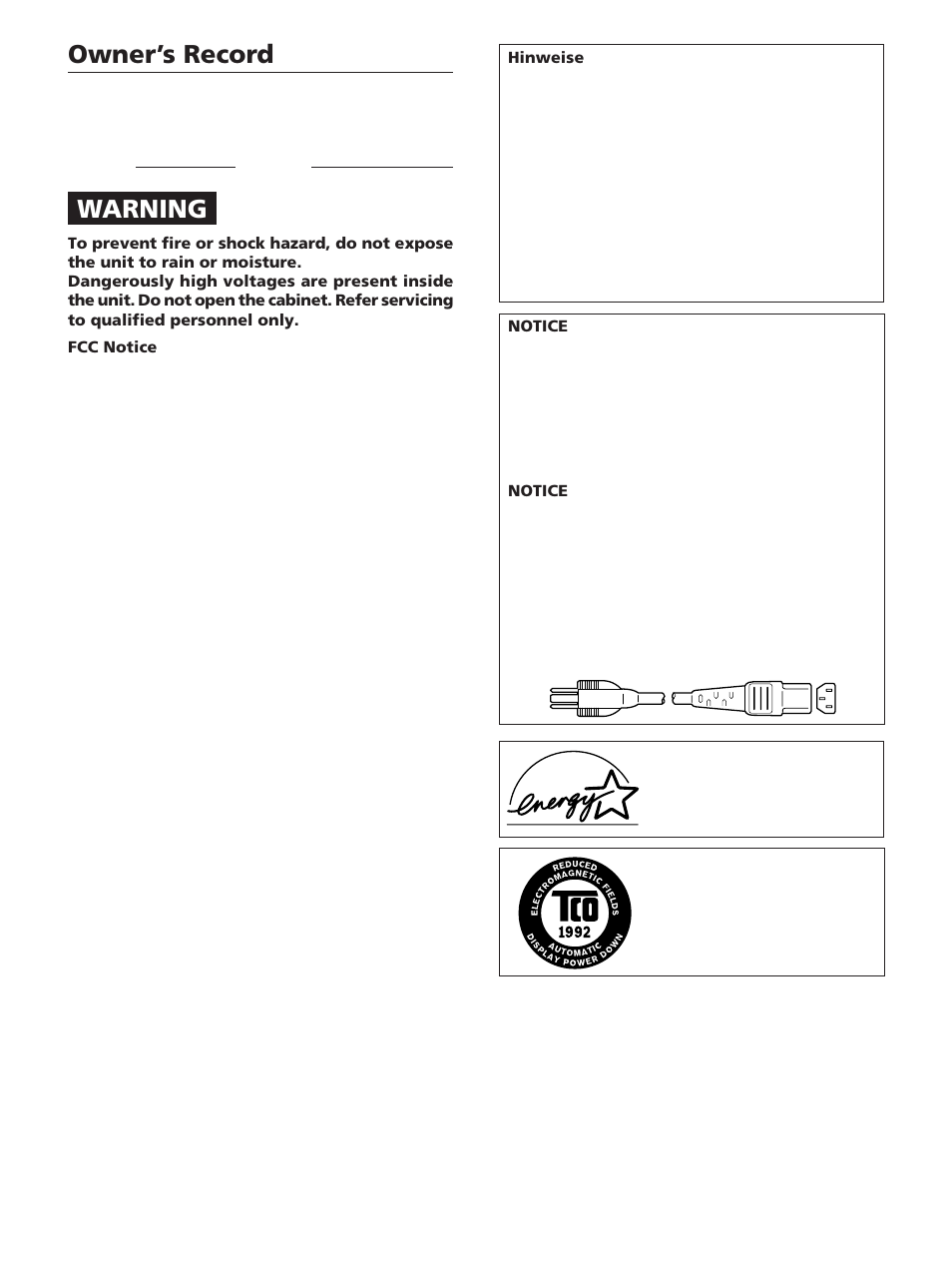 Owner’s record, Warning | Sony GDM-20OPS User Manual | Page 2 / 63