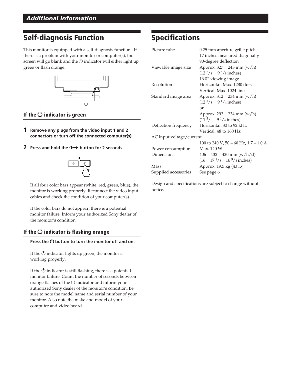 Self-diagnosis function, Specifications, Additional information | Sony GDM-20OPS User Manual | Page 22 / 63
