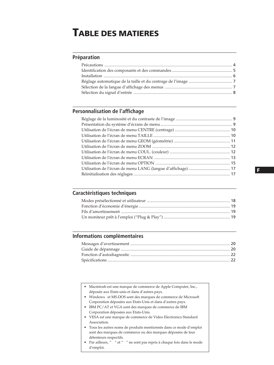 Able des matieres, Préparation, Personnalisation de l’affichage | Caractéristiques techniques, Informations complémentaires | Sony GDM-20OPS User Manual | Page 23 / 63