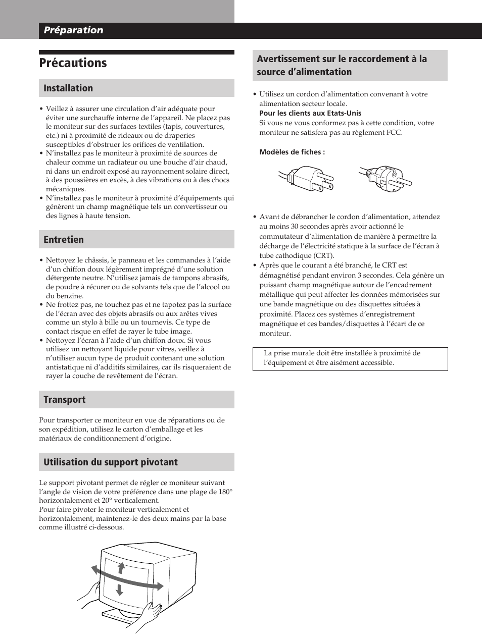 Précautions, Préparation, Installation | Entretien, Transport, Utilisation du support pivotant | Sony GDM-20OPS User Manual | Page 24 / 63