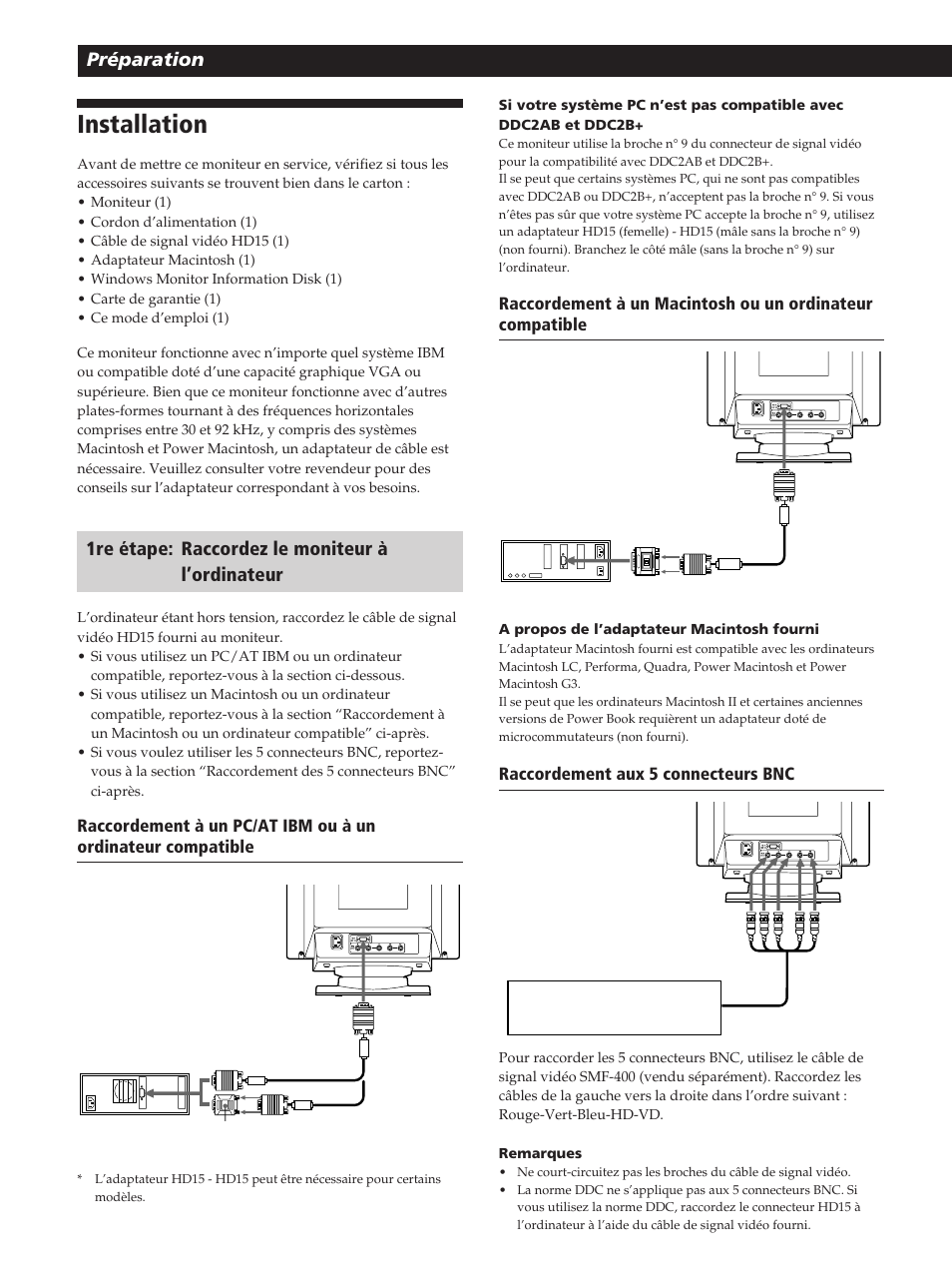 Installation, Préparation, 1re étape: raccordez le moniteur à l’ordinateur | Sony GDM-20OPS User Manual | Page 26 / 63