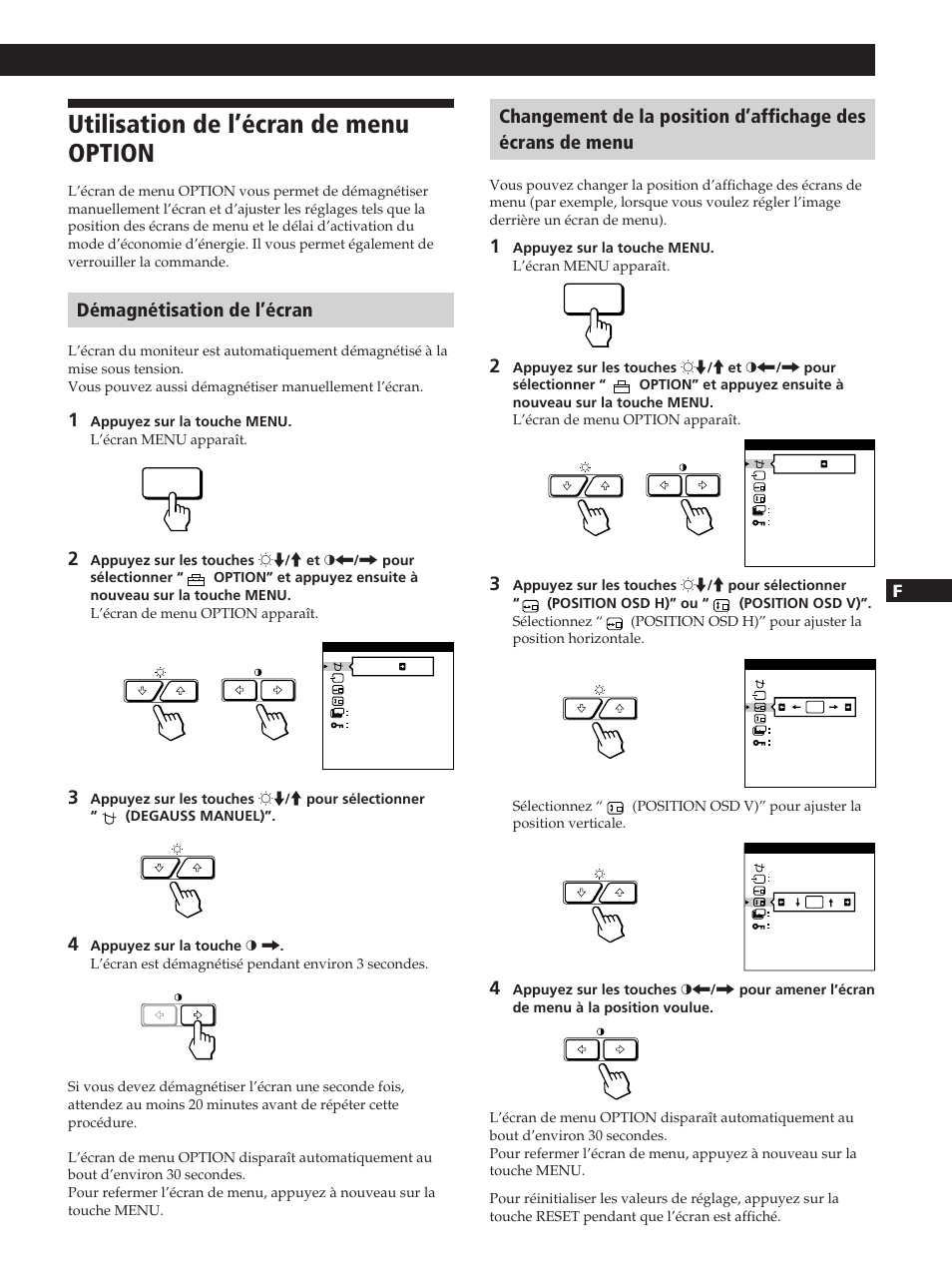 Utilisation de l’écran de menu option, Personnalisation de l’affichage, Démagnétisation de l’écran | Fen es c | Sony GDM-20OPS User Manual | Page 35 / 63