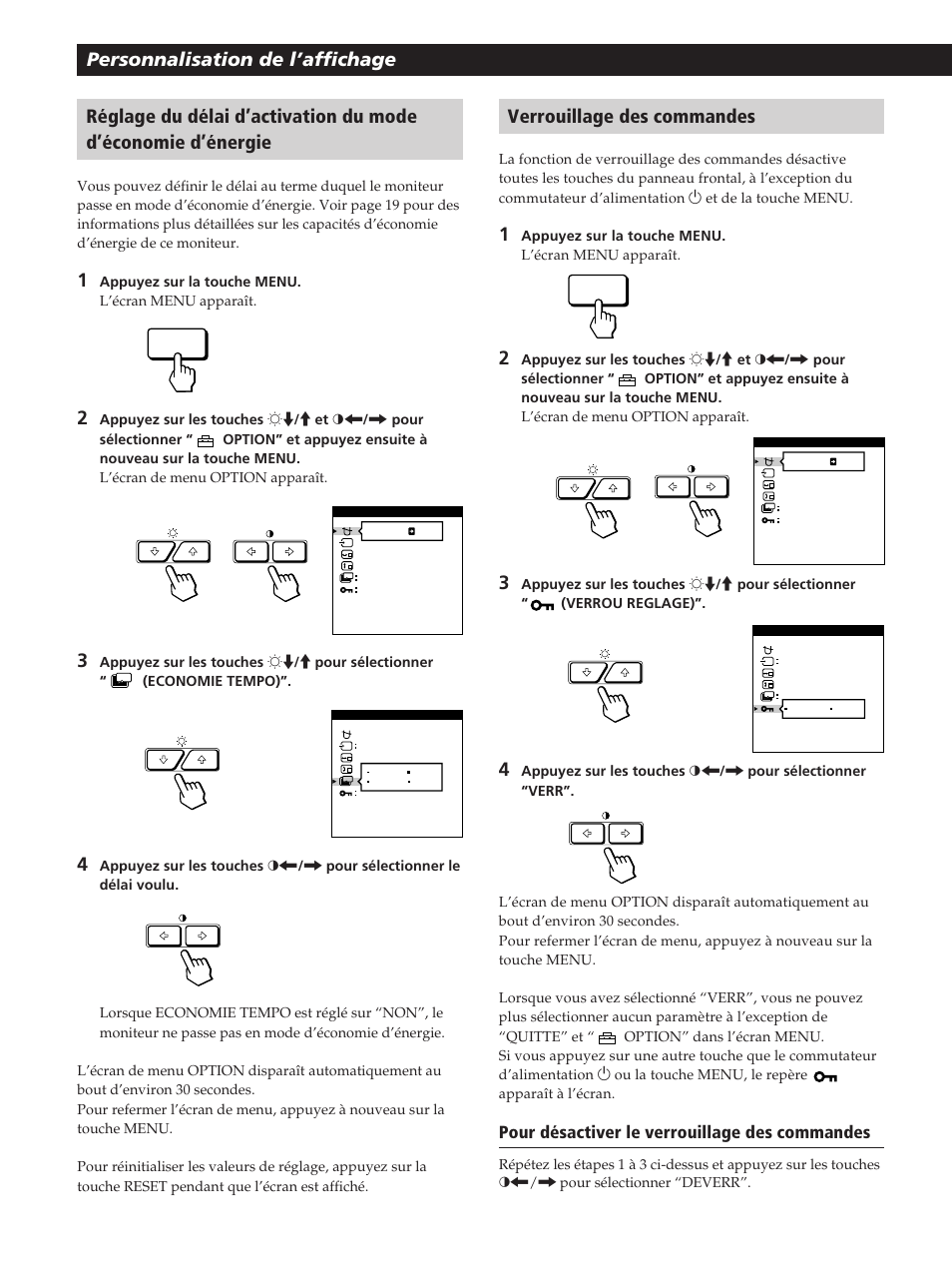 Pour désactiver le verrouillage des commandes | Sony GDM-20OPS User Manual | Page 36 / 63