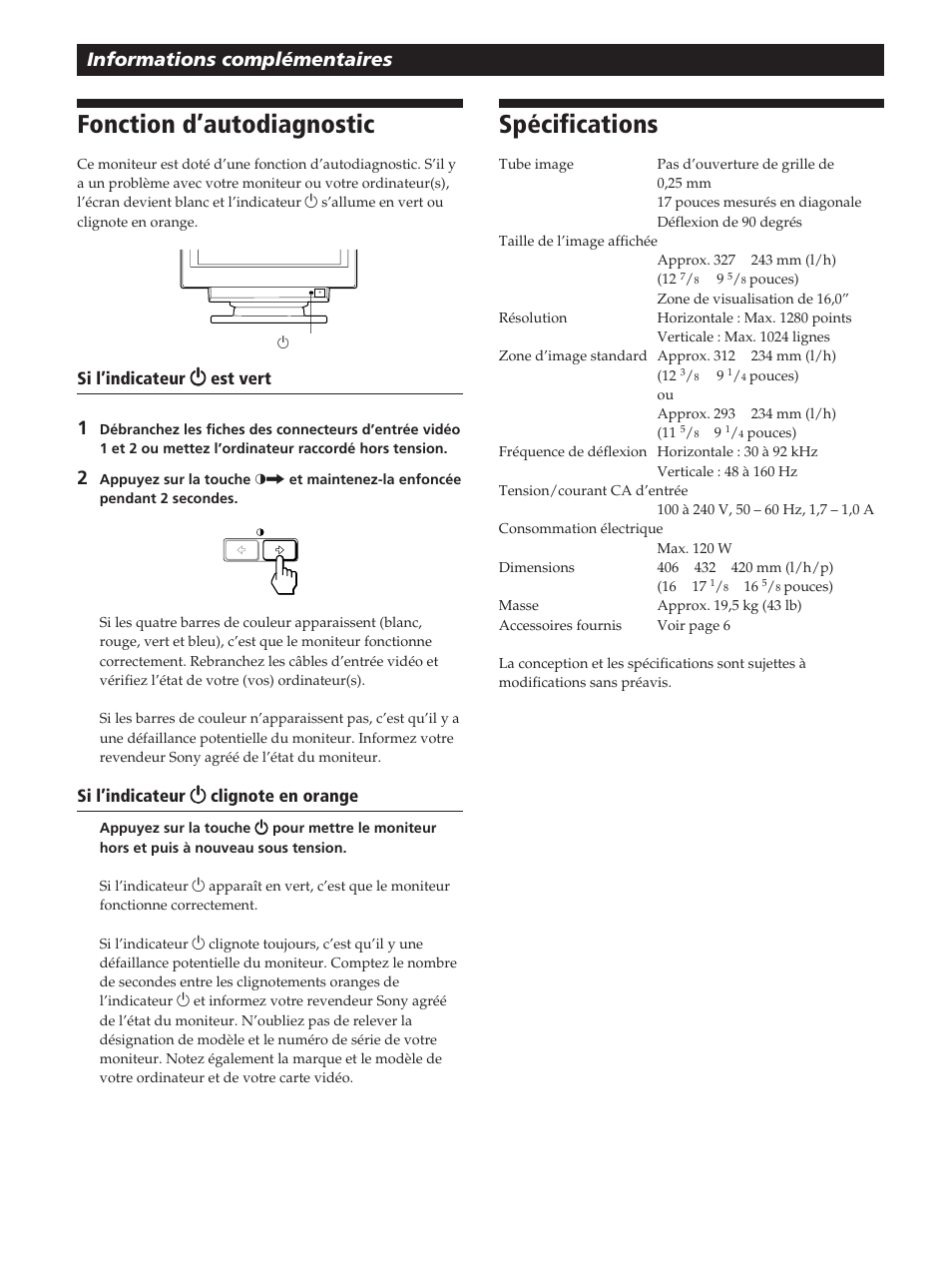 Fonction d’autodiagnostic, Spécifications, Informations complémentaires | Sony GDM-20OPS User Manual | Page 42 / 63
