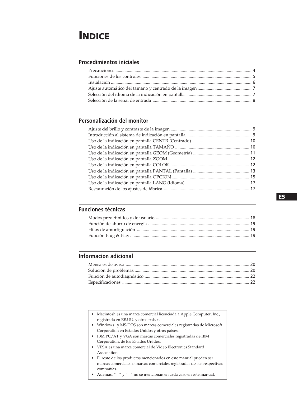 Ndice, Procedimientos iniciales, Personalización del monitor | Funciones técnicas, Información adicional | Sony GDM-20OPS User Manual | Page 43 / 63