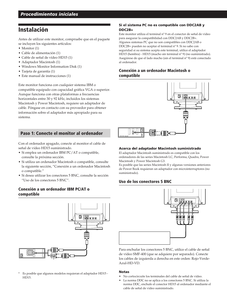 Instalación, Procedimientos iniciales, Paso 1: conecte el monitor al ordenador | Sony GDM-20OPS User Manual | Page 46 / 63