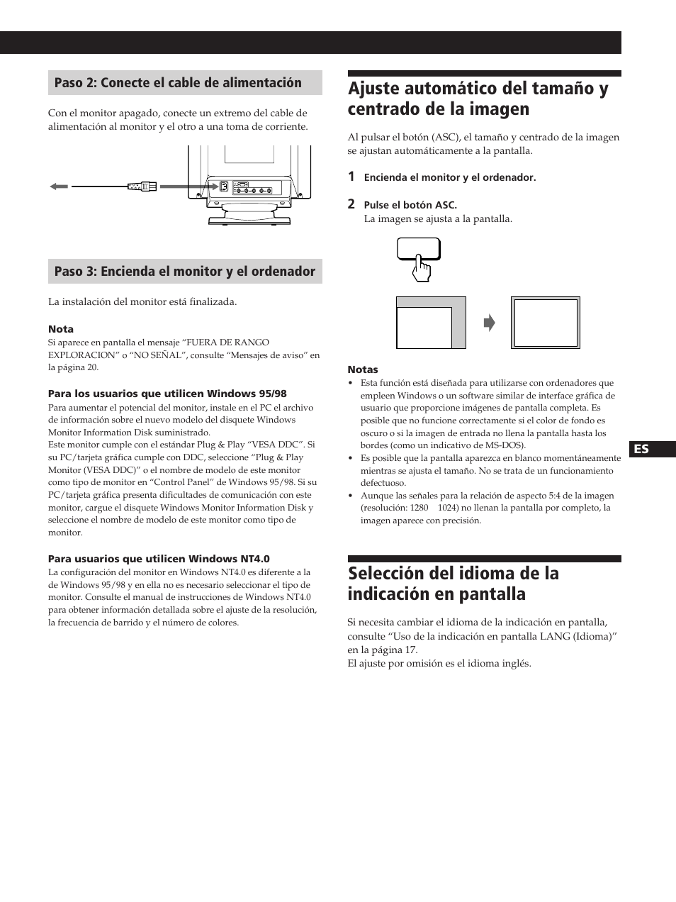 Selección del idioma de la indicación en pantalla | Sony GDM-20OPS User Manual | Page 47 / 63