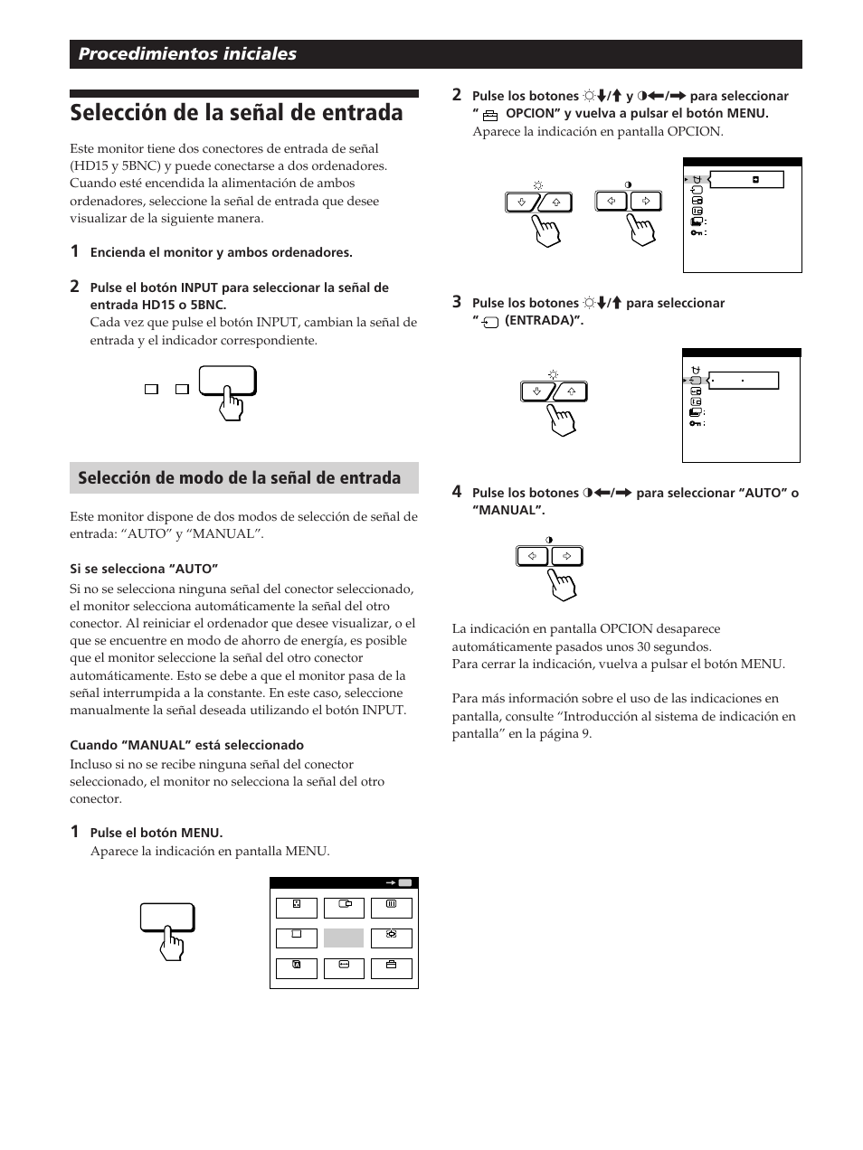 Selección de la señal de entrada, Procedimientos iniciales, Selección de modo de la señal de entrada | Sony GDM-20OPS User Manual | Page 48 / 63