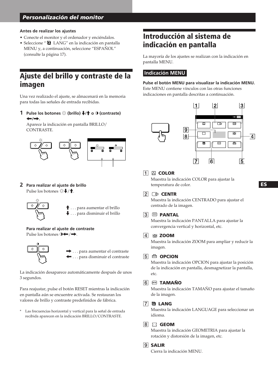 Ajuste del brillo y contraste de la imagen, Introducción al sistema de indicación en pantalla, Personalización del monitor | Sony GDM-20OPS User Manual | Page 49 / 63