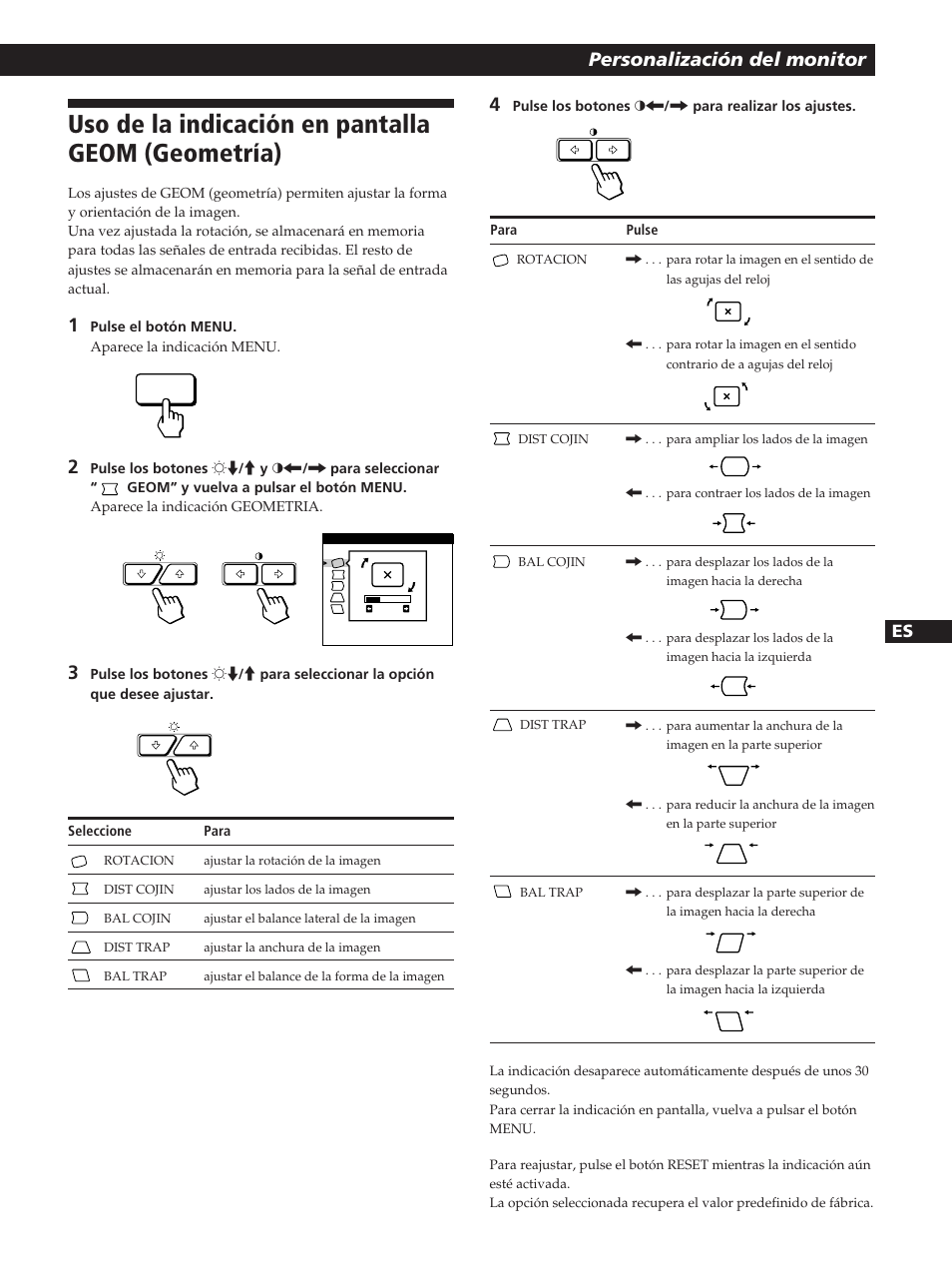 Uso de la indicación en pantalla geom (geometría), Personalización del monitor, Fen es c | Sony GDM-20OPS User Manual | Page 51 / 63