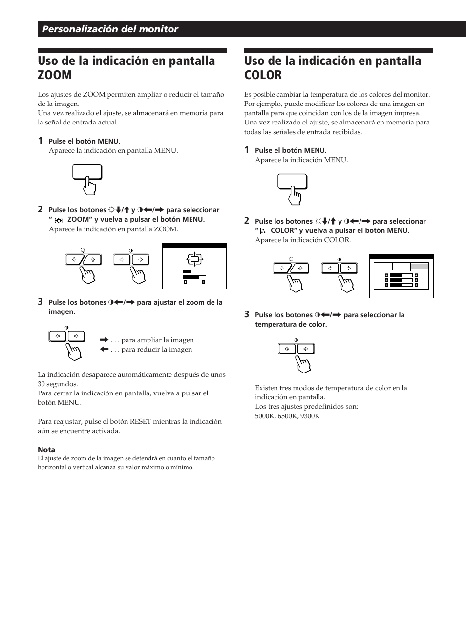 Uso de la indicación en pantalla color, Uso de la indicación en pantalla zoom, Personalización del monitor | Sony GDM-20OPS User Manual | Page 52 / 63
