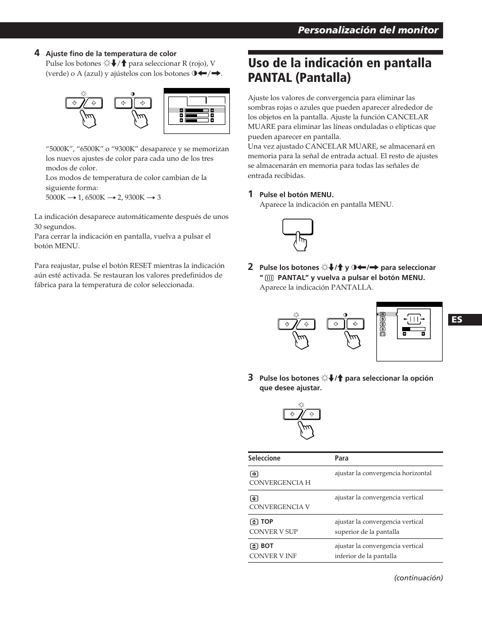 Uso de la indicación en pantalla pantal (pantalla), Personalización del monitor | Sony GDM-20OPS User Manual | Page 53 / 63
