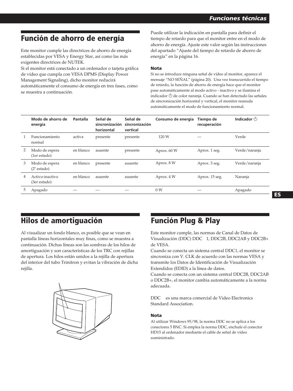 Función de ahorro de energía, Hilos de amortiguación, Función plug & play | Funciones técnicas, Fen es c | Sony GDM-20OPS User Manual | Page 59 / 63
