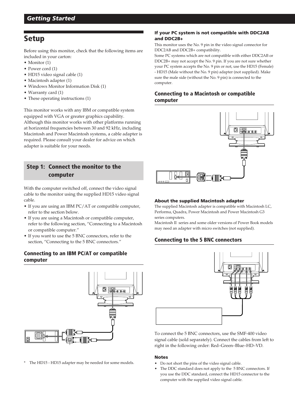 Setup, Getting started, Step 1: connect the monitor to the computer | Sony GDM-20OPS User Manual | Page 6 / 63