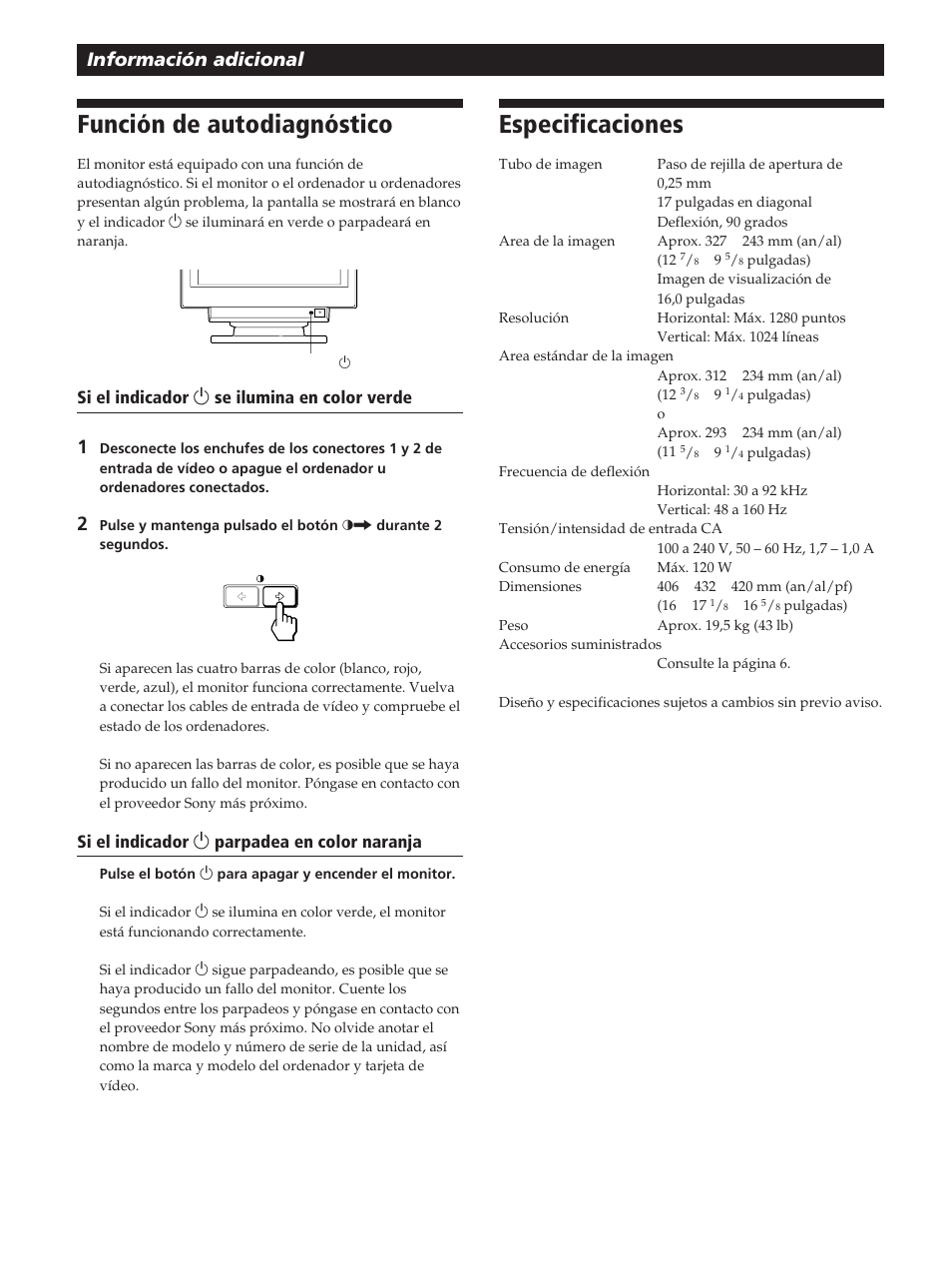 Función de autodiagnóstico, Especificaciones, Información adicional | Sony GDM-20OPS User Manual | Page 62 / 63