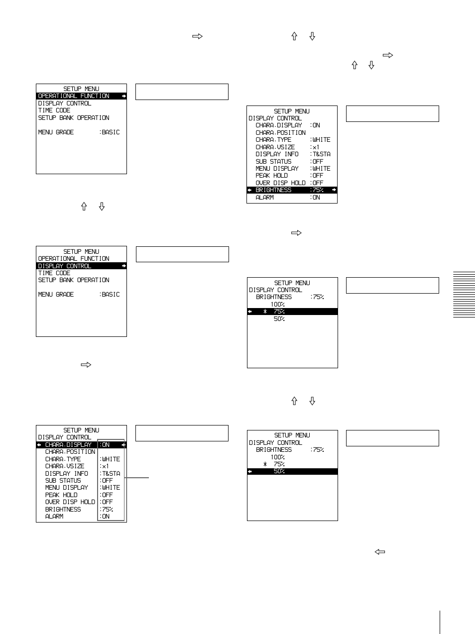 Operational, Display, Chara disp | Brightness | Sony DSR-1800 User Manual | Page 71 / 116