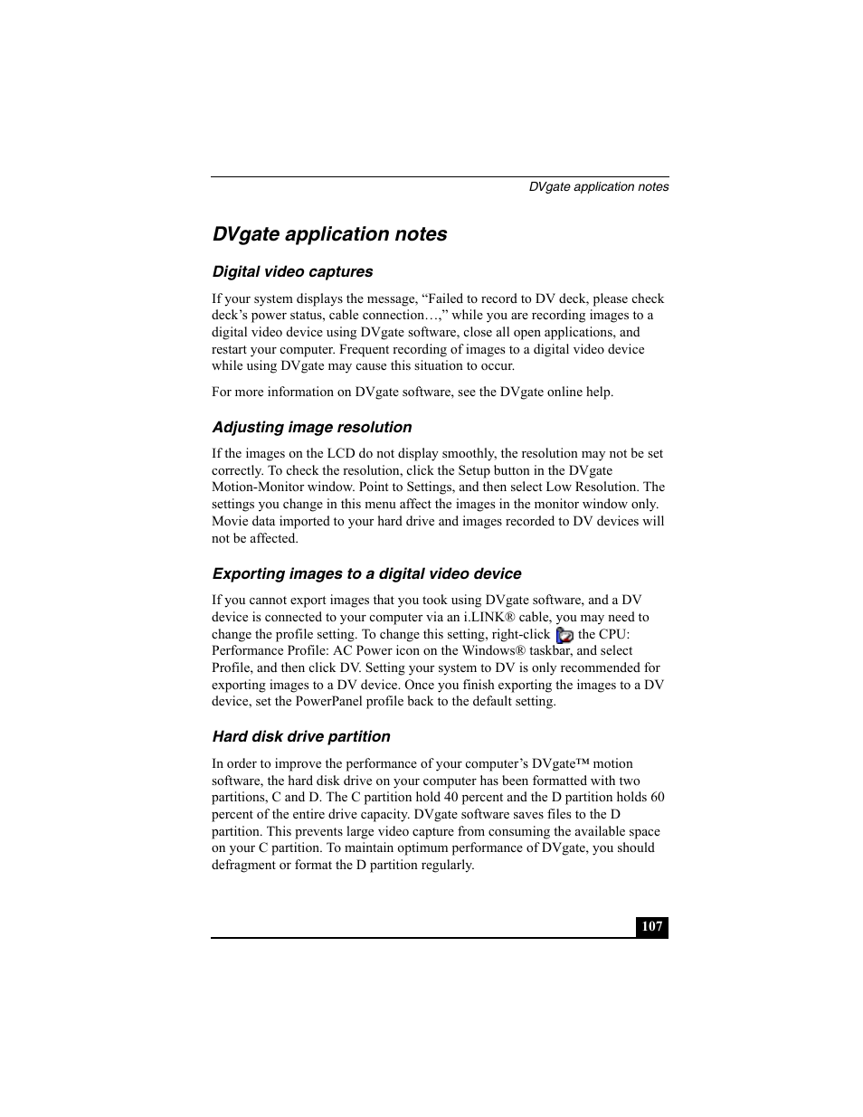 Dvgate application notes, Digital video captures, Adjusting image resolution | Exporting images to a digital video device, Hard disk drive partition | Sony VAIO Viao PictureBook Computer User Manual | Page 107 / 146