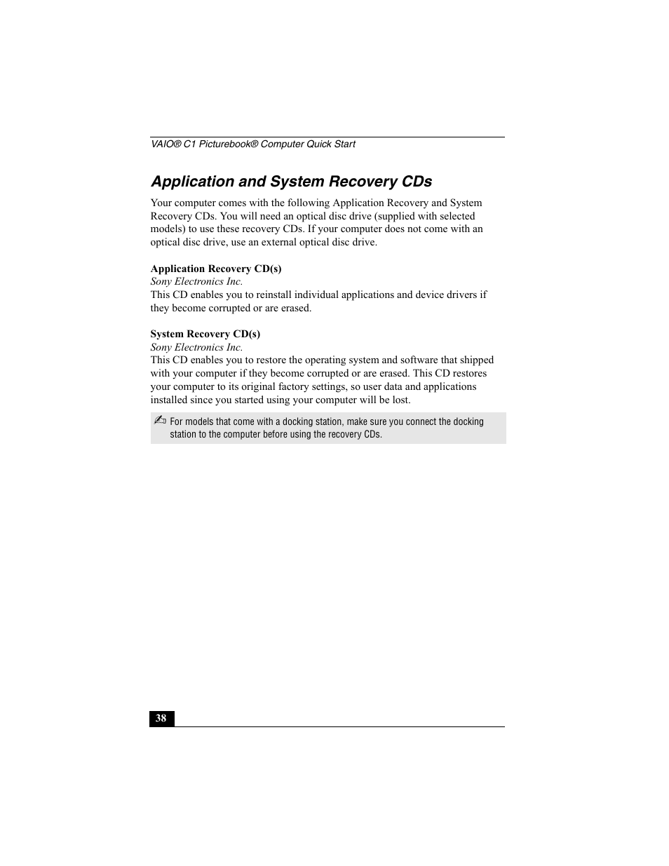 Application and system recovery cds | Sony VAIO Viao PictureBook Computer User Manual | Page 114 / 146
