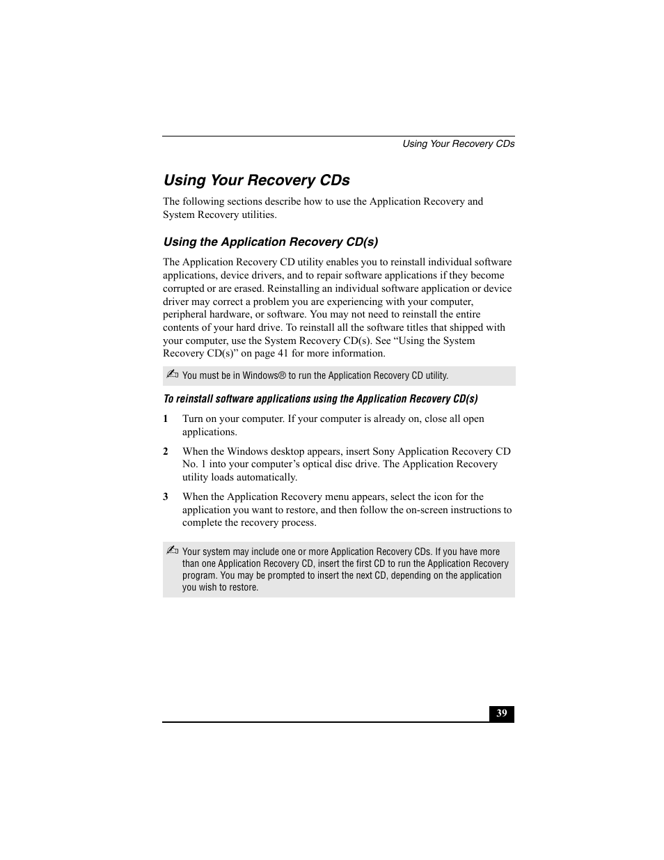 Using your recovery cds, Using the application recovery cd(s) | Sony VAIO Viao PictureBook Computer User Manual | Page 115 / 146