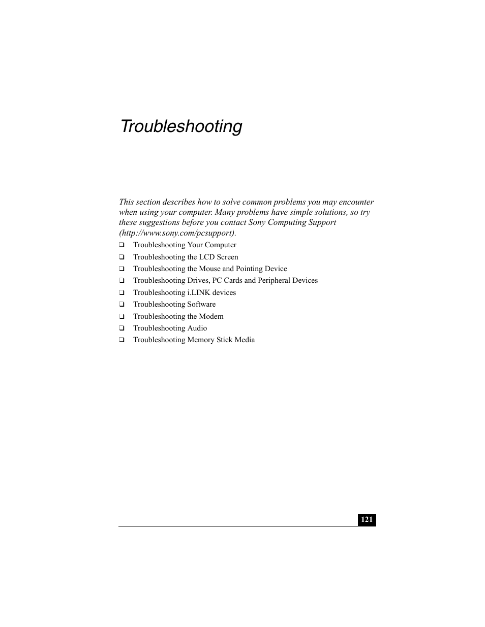 Troubleshooting | Sony VAIO Viao PictureBook Computer User Manual | Page 121 / 146