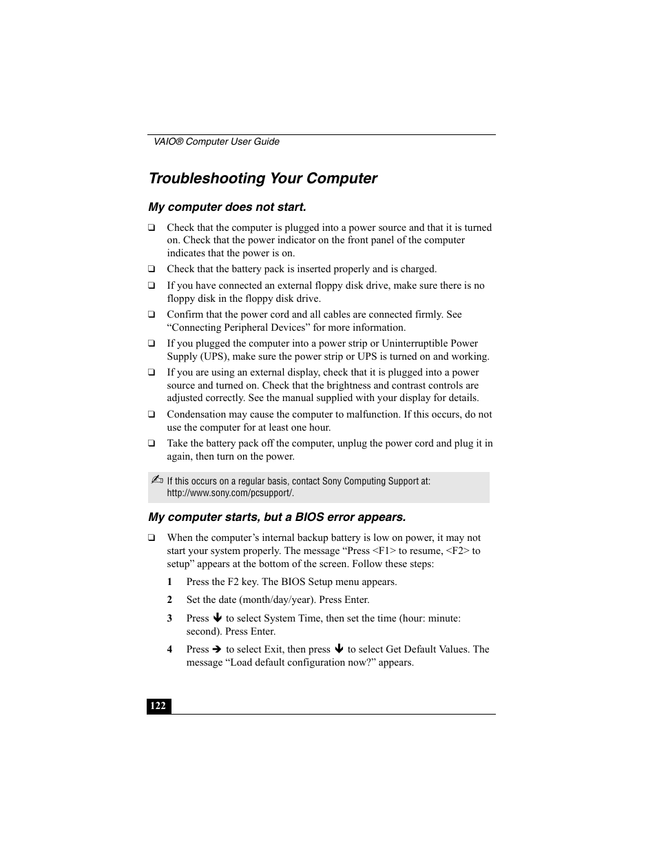 Troubleshooting your computer, My computer does not start, My computer starts, but a bios error appears | Sony VAIO Viao PictureBook Computer User Manual | Page 122 / 146