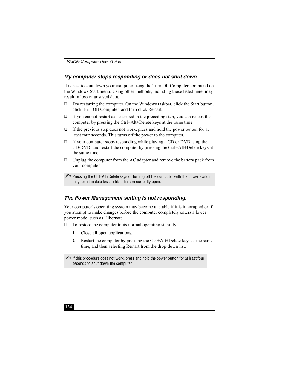 My computer stops responding or does not shut down, The power management setting is not responding | Sony VAIO Viao PictureBook Computer User Manual | Page 124 / 146