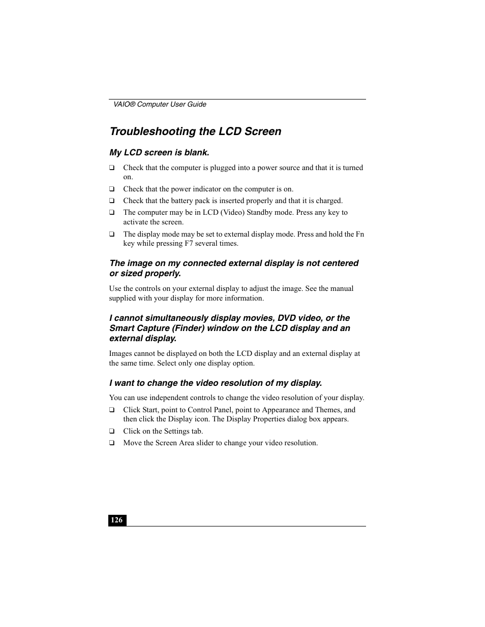 Troubleshooting the lcd screen, My lcd screen is blank | Sony VAIO Viao PictureBook Computer User Manual | Page 126 / 146