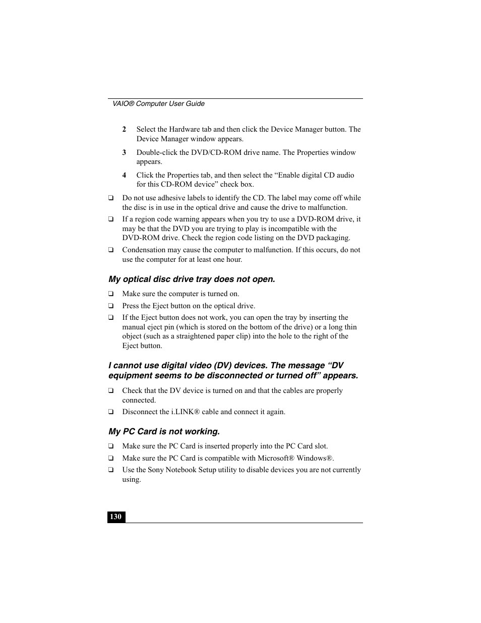 My optical disc drive tray does not open, My pc card is not working | Sony VAIO Viao PictureBook Computer User Manual | Page 130 / 146