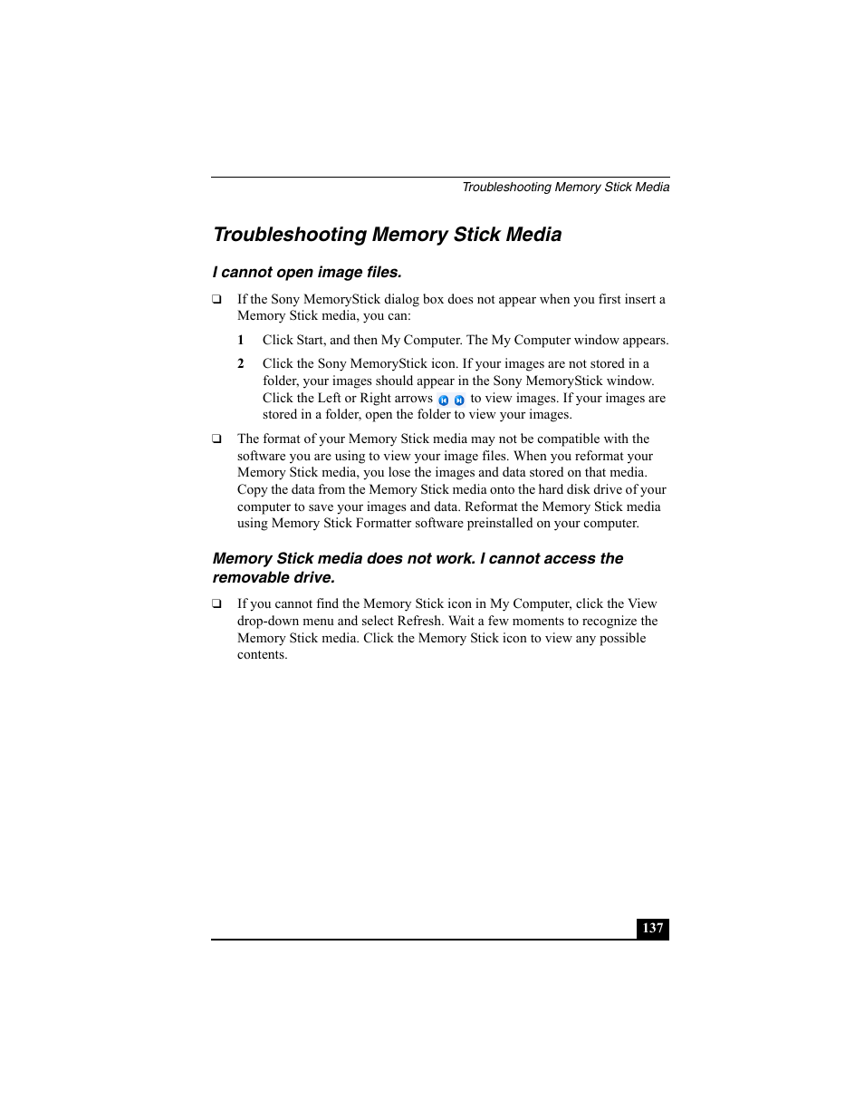 Troubleshooting memory stick media, I cannot open image files | Sony VAIO Viao PictureBook Computer User Manual | Page 137 / 146