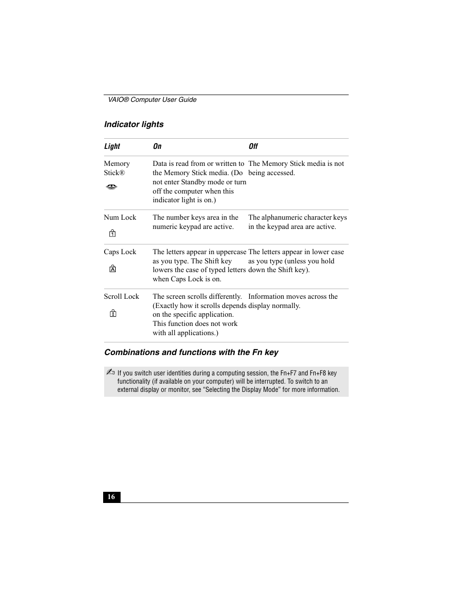 Indicator lights, Combinations and functions with the fn key | Sony VAIO Viao PictureBook Computer User Manual | Page 16 / 146