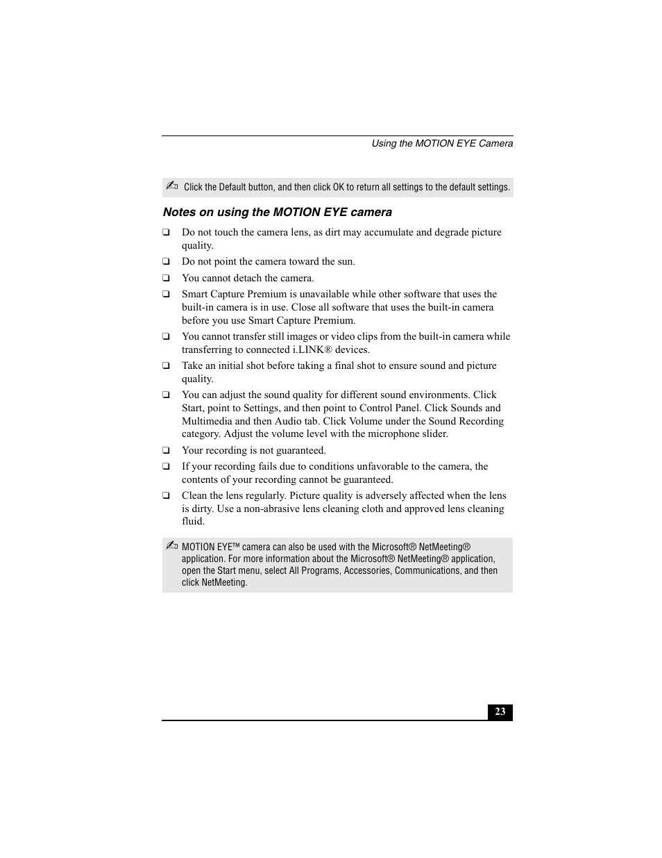 Notes on using the motion eye camera | Sony VAIO Viao PictureBook Computer User Manual | Page 23 / 146