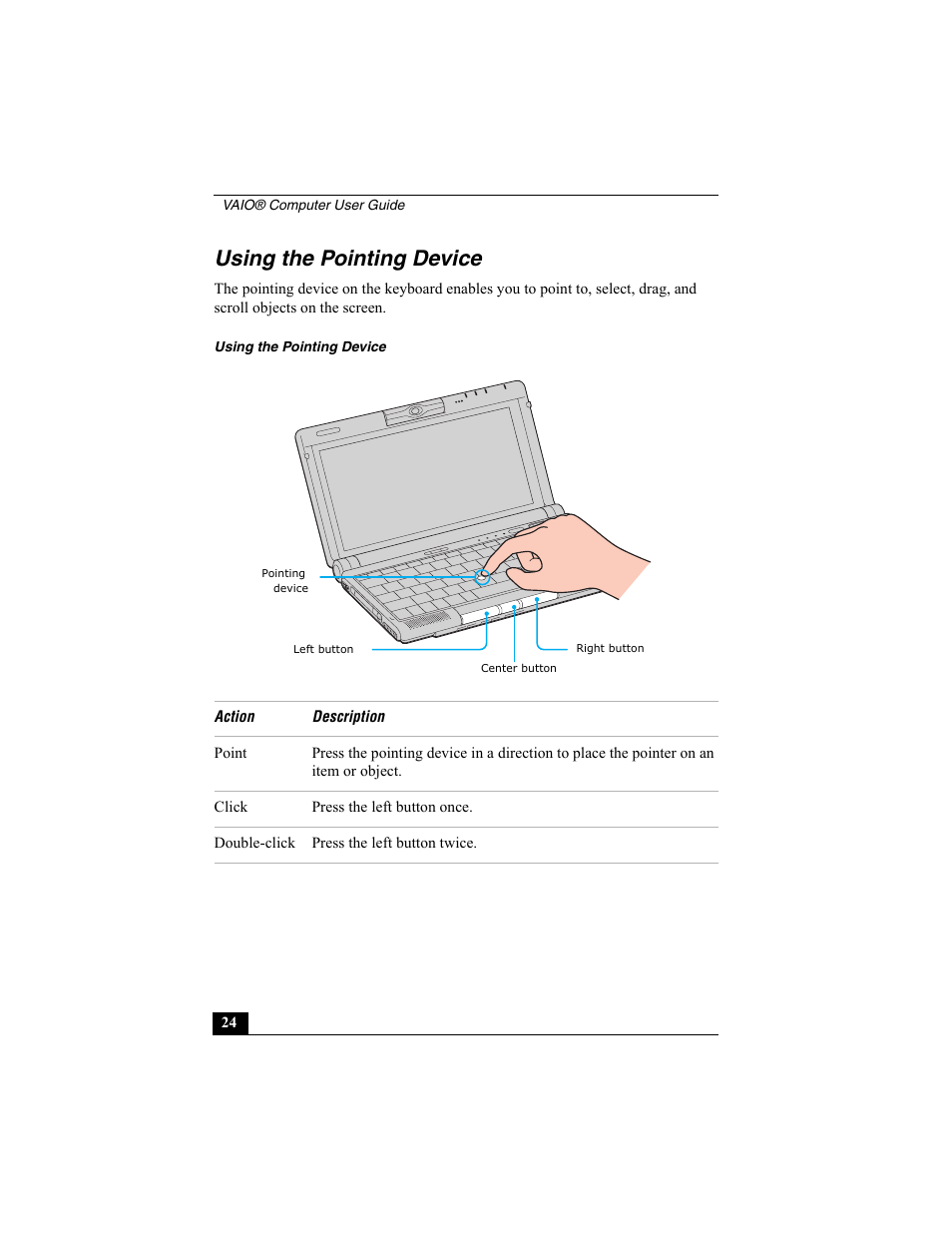 Using the pointing device | Sony VAIO Viao PictureBook Computer User Manual | Page 24 / 146